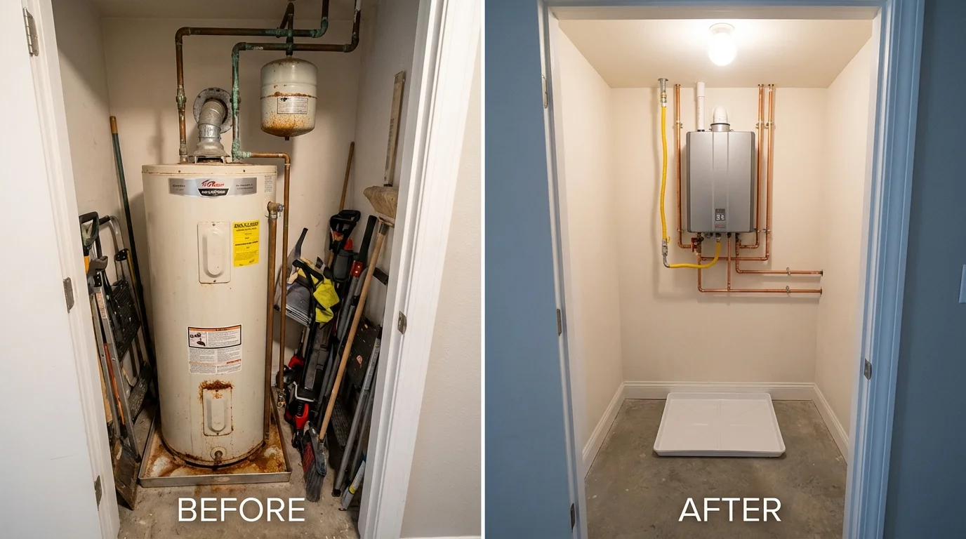 Tank water heater versus wall-mounted tankless unit comparison for Delavan, WI homeowners