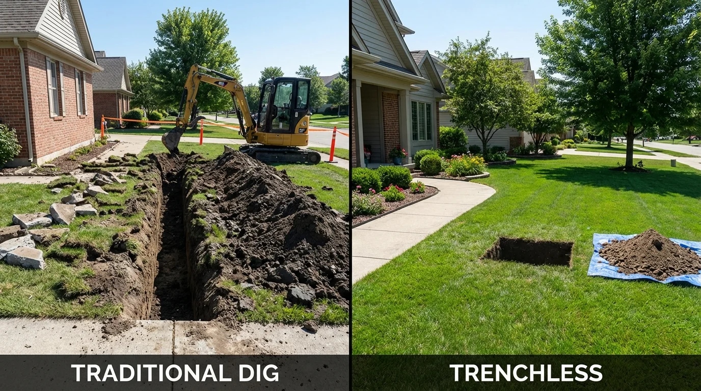 Trenchless sewer repair with minimal yard damage versus traditional excavation in Delavan, WI