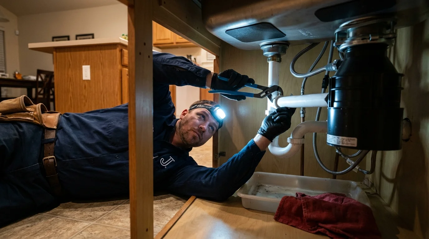 P-trap and supply line connections under a kitchen sink showing a common leak point in Delavan, WI